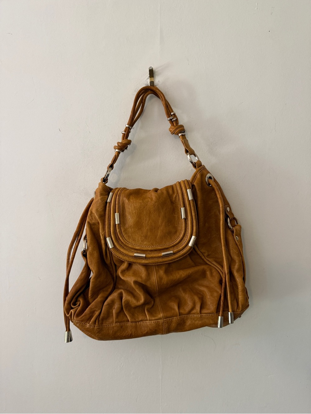 Junior Drake Cognac Brown Leather Hobo with Silver Accents